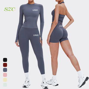 Ensemble de vêtements de sport et de yoga pour femmes en 5 pièces, logo personnalisé, ceinture réversible, pantalon taille haute, chemises à manches longues avec fermeture éclair, sans couture - Product Image 2