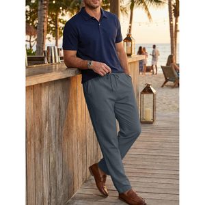 FOXA Mens 100% Cotton Pants Casual <b>Elastic</b> Waist Drawstring Lightweight Summer Beach Trousers With Pockets - Product Image 5
