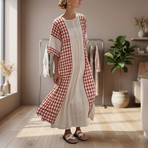 Robe maxi ample à col rond avec contraste de couleur à carreaux, manches courtes, en lin et coton, tenue décontractée d'été - Product Image 1