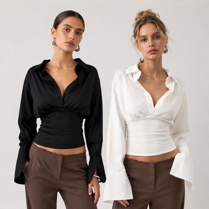Blusa Corta de Manga Larga con Botones para Mujer, Ajustada, con Volantes, de Color Sólido, Estilo Minimalista, para Oficina y Trabajo - Product Image 1