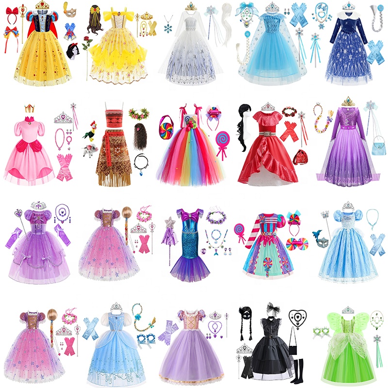 2024 ăn mặc cô gái ưa thích Elsa Anna tuyết Belle Công Chúa ăn mặc trang phục lên cosplay sinh nhật đảng trẻ em Polyester OPP Túi 2pcs