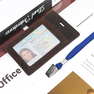Genuine Leather ID Card Sleeve Dark Brown Translucent Window Lanyard Access <b>Control</b> Badge <b>Holder</b> Everyday Use - Product Image 1