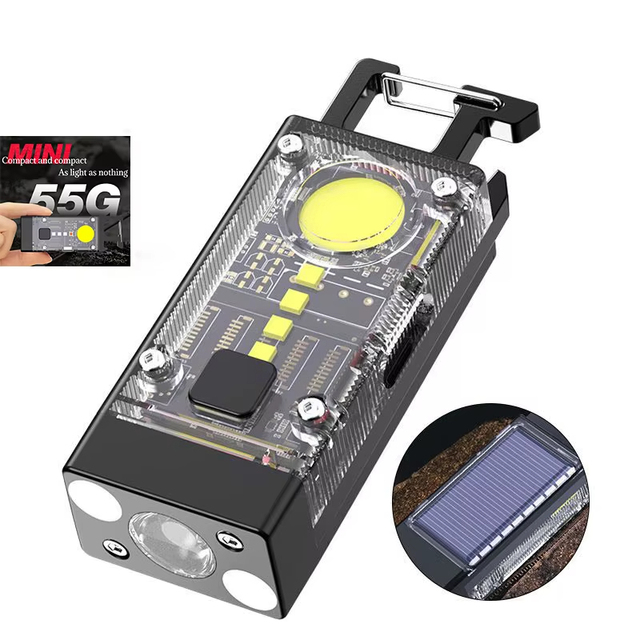 Cob Portable Edc Rechargeable Solar Panel Mini Pocket Keychain Camping Light Led Flashlight