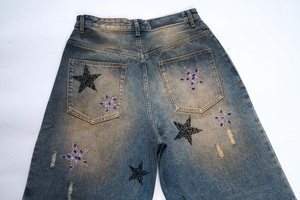 Nouveau à la mode Hip-hop rue jambe large ample jambe droite hommes Denim pantalon cinq branches étoile paillettes bleu Graffiti déchiré jean - Product Image 4