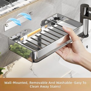 Porte-savon en acier inoxydable avec plateau d'égouttage amovible, adhésif, sans perçage, support mural pour savon pour douche et salle de bain - Product Image 5