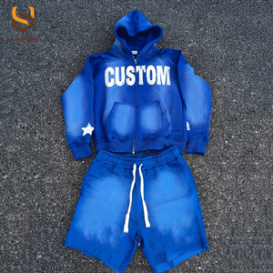Winter Streetwear Custom Vintage Acid Washing Distressed Embroidery Patches French Terry Zipper Hoodie Sweatpants Men <b>Tracksuits</b> - Product Image 1