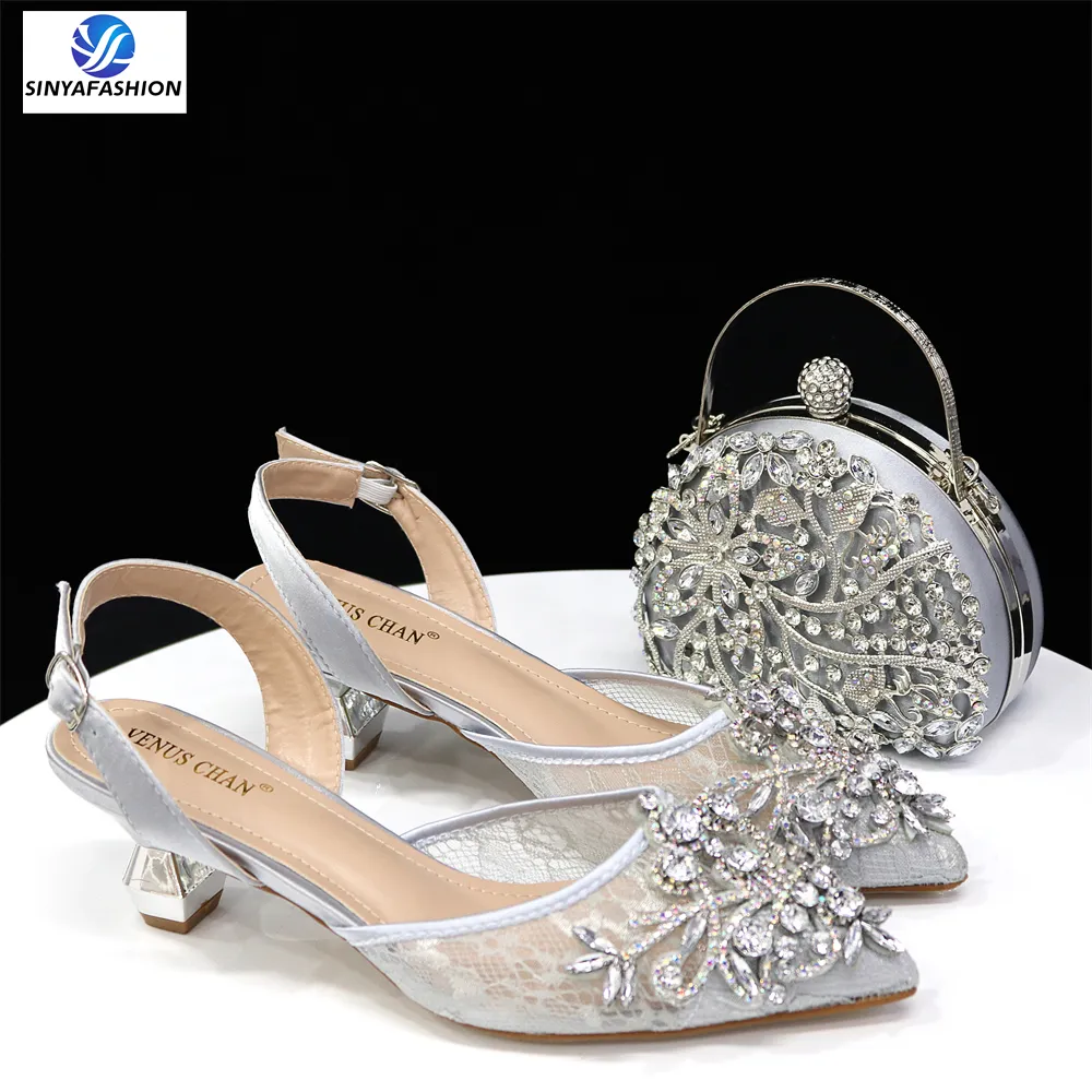 Sinya High Heel Stones Nigeria Party Italian Shoes and Bag Set Bridal Shoes Women GENUINE Leather One Set PU Fashionable