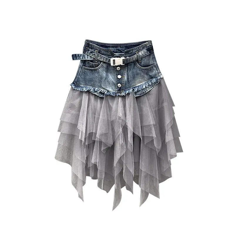 New Women Y2k Denim Mesh Patchwork Lace Skirt High Waist A Line Asymmetric Frill Tulle Gothic Chic Skirts With Blet