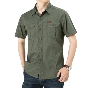 Camisa Casual Transpirable de Verano para Hombre, Blusa de Trabajo de Algodón de Manga Corta, Color Sólido, con Botones y Bolsillos, Venta al por Mayor - Product Image 1