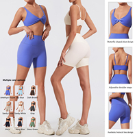 Set Yoga 2 Potong Wanita Polos, Bra Olahraga Lipit Kupu-kupu Bernapas & Celana Pendek Pinggang Tinggi untuk Gym, Lari & Kebugaran Sehari-hari