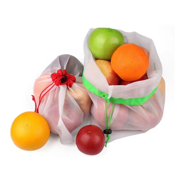 Meyve ve sebze için İpli ile toptan taşınabilir örgülü büzme çanta çevre dostu file çanta