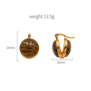 Vintage Natural Tiger Eye Stud Earrings Gold <b>Round</b> Bezel Setting Stainless Steel <b>Post</b> - Product Image 4