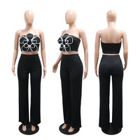 Ensemble 2 pièces ZHEZHE tendance et sexy pour femme : haut court sans manches à fleurs 3D et pantalon large pour l'été