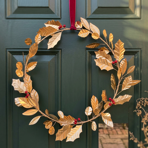 Corona de Hojas Doradas, Decoración Circular para Colgar en la Pared, Diseño Floral Botánico Moderno Navideño, Pieza Única - Product Image 1