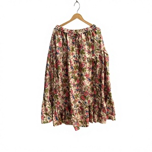 Jupe midi en coton à imprimé floral, taille élastique, coupe trapèze, style bohème ample, ourlet à volants, robe décontractée de printemps, tissée et respirante - Product Image 1