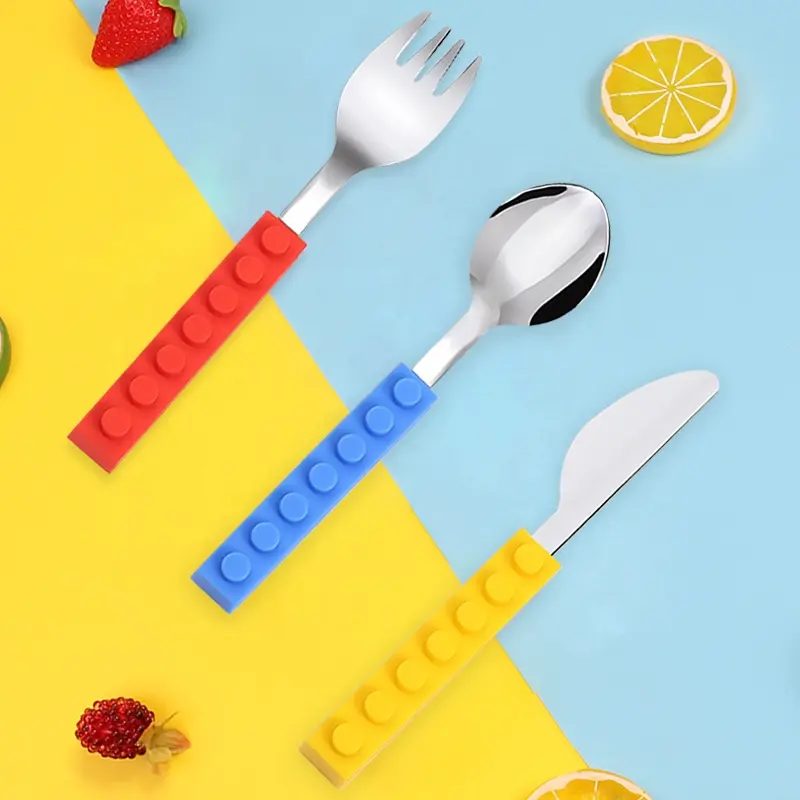 Utensílios de bebê de aço inoxidável, faca e garfo de silicone bloco de alimento para estudantes com 430 #