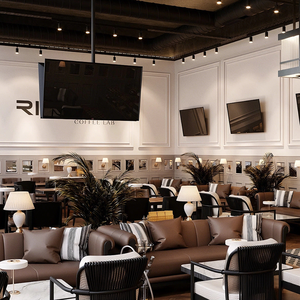 Retro luxe stijl boetiek koffiebar met ingebouwde boogvormige schappen en open werkblad, totaal ontwerp - Product Image 5