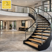 CBMmart, Proveedor de Escaleras de Foshan, Escalera Interior Curva de Acero, Escalera con Peldaños de Madera, Escalera en Espiral con Barandilla de Vidrio para Villas