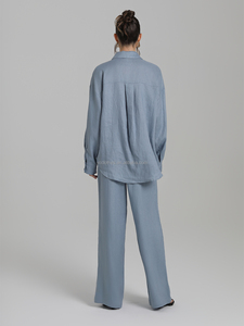 Elegante Set da <span class=keywords><strong>donna</strong></span> Color pelle di <span class=keywords><strong>lino</strong></span> a maniche lunghe camicia tinta unita <span class=keywords><strong>pantaloni</strong></span> <span class=keywords><strong>larghi</strong></span> stile Casual per il pendolarismo di <span class=keywords><strong>lino</strong></span> 100% - Product Image 6