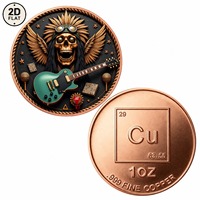 Pièce de monnaie en cuivre pur 999 de 1 once, personnalisée en gros, motif crâne avec ailes et guitare électrique, pièce commémorative de collection