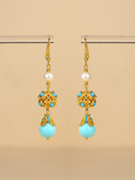 Boucles d'oreilles pendantes personnalisées OEM/ODM pour femmes en argent sterling 925 plaqué or, avec turquoise, filigrane, perle et pierre bleue, pour mariage et soirée