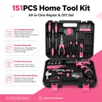 Ensemble d'outils de bricolage rose pour la maison de 151 pièces avec perceuse sans fil, outils à main en fer malléable, en acier fileté et en acier au carbone