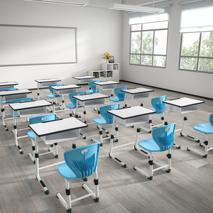 Set Moderno di Sedia e Scrivania per Studenti a Forma di C, Regolabile in Altezza, in Legno con Struttura in Acciaio e Plastica PP per Aula - Product Image 2