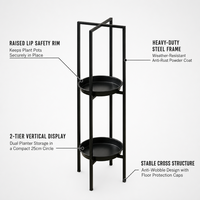 Support à fleurs moderne à 2 niveaux, porte-plantes en métal, revêtement poudré, présentoir de jardin pour intérieur, extérieur, balcon, véranda