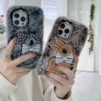 Adorable Coque Téléphone Hivernale Chaude Entièrement en Peluche Douillette Motif Lapin à Perles pour iPhone 16 15 14 13 Mini 12 Pro Max 11 Xs Xr 7 8 Plus
