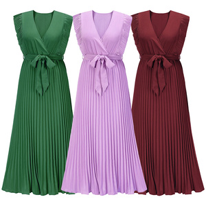 2025 elegante vestido <span class=keywords><strong>de</strong></span> verano Europeo Americano para <span class=keywords><strong>mujer</strong></span> sin mangas <span class=keywords><strong>de</strong></span> gasa con cuello en V borde con volantes Color sólido hasta el suelo lavable - Product Image 1