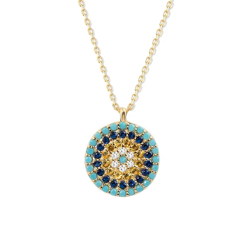 Gemnel dainty women 925 silver jewelry pave full rainbow diamond turquoise evil eye pendant necklace