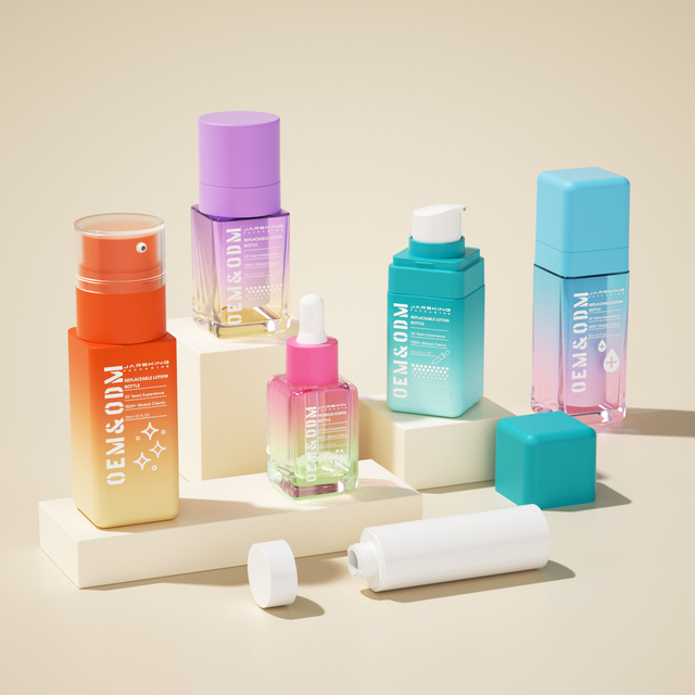 Sustainable Eco Friendly Packaging Skin Care square Refill Glass Serum Pump Bottle Containers for Cosmetics