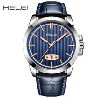 Montre à quartz décontractée pour homme de la marque HELEI, bracelet en cuir, boîtier en alliage, design simple, cadran à aiguilles, affichage lumineux et calendrier