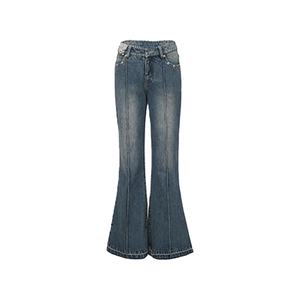 Pantalons en jean vintage personnalisés pour femmes, nouvelle mode, bleu évasé, délavé, 100% coton, jeans pour femmes - Product Image 5