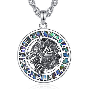 Collier pendentif vintage en argent sterling 925 avec tête de loup viking, runes nordiques celtiques anciennes, nacre de Changda - Product Image 1