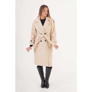 Manteau en cachemire pour femmes orné de pierres avec détail d'épaulettes et ceinture en gros - Product Image 4