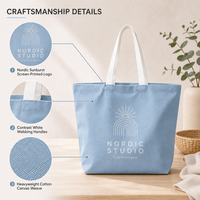 Sac fourre-tout en toile de coton bleu ciel avec logo personnalisé, MOQ flexible, pour femmes, pour le shopping quotidien et les trajets, impression graphique, sangles blanches