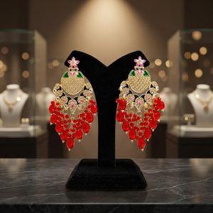 Indian Traditional Meenakari Peacock <b>Gold</b> Plated Kundan Earcuffs Statement Chandelier <b>Dangle</b> High Quality Latest Designed Blue - Product Image 2