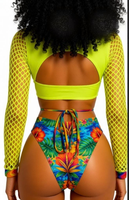 Maillot de bain monokini personnalisé pour le lundi de carnaval, jaune fluo, en maille, à manches longues, psychédélique, une pièce, faible MOQ 50, vente en gros.