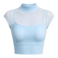 Haut court 2-en-1 pour femme à col montant en maille transparente, manches courtes extensibles effet nuage pour le yoga, le Pilates et le sport quotidien