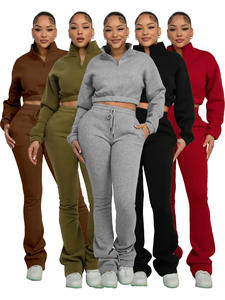 PEEQI HR25069 Completo <span class=keywords><strong>Invernale</strong></span> da <span class=keywords><strong>Donna</strong></span>, Top Corto con Zip e Pantaloni della Tuta, Set Casual Due Pezzi - Product Image 5