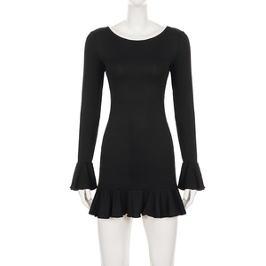 Robe mini moulante noire à manches longues, dos lacé, ourlet à volants, découpes sexy, pour soirée et club, pour femme - Product Image 6