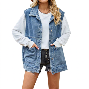 Women's Denim Sleeveless Vest Long Button Front Solid Color Casual Loose Fit Distressed Cotton <b>Jacket</b> Coat Spring Style - Product Image 1