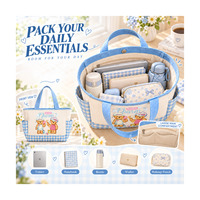 Sac fourre-tout en toile Teddy Island avec imprimé ours, bleu à carreaux, poches latérales, fermeture magnétique pour femmes