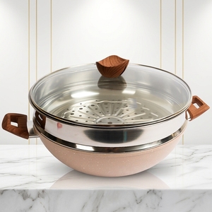 Sartén Profunda Antiadherente de Aleación de Aluminio y Cerámica, <span class=keywords><strong>Wok</strong></span>, Olla Grande <span class=keywords><strong>para</strong></span> Cocinar, con Mango con Diseño de Madera y Vaporera - Product Image 1