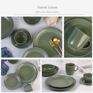 Service de table en céramique en grès vert forêt avec texture de bordure perlée, couleur unie, vaisselle moderne pour un usage quotidien - Product Image 5
