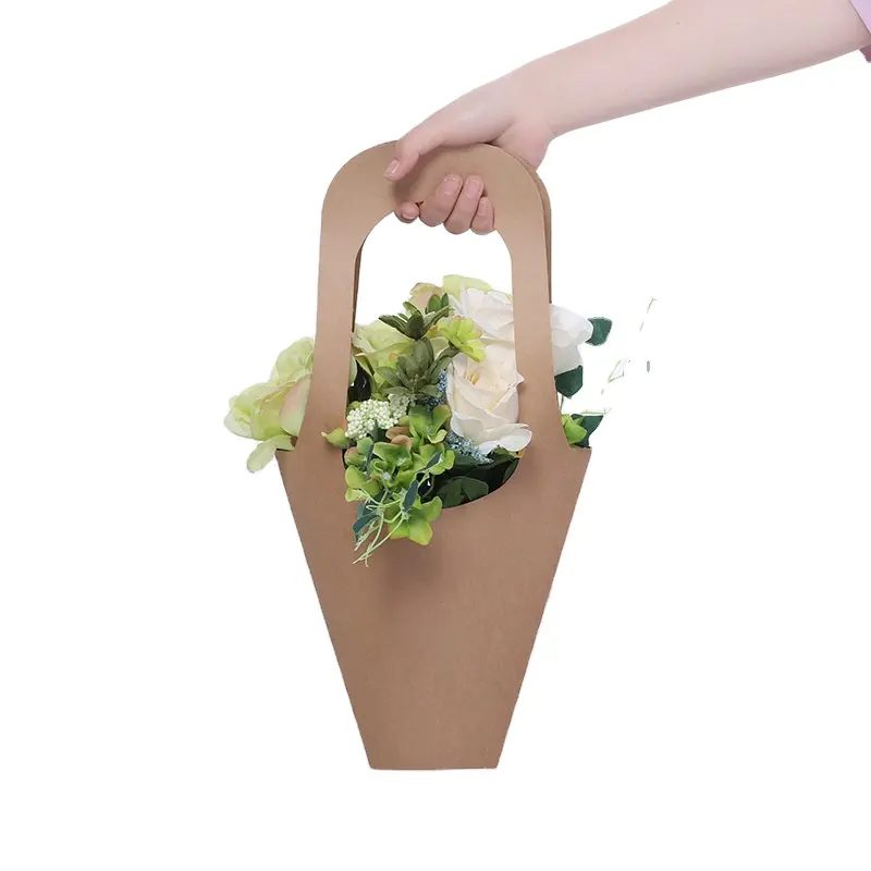 Wholesale Portable Foldable Waterproof Bouquet Basket Wedding Gift Packing Flower Kraft Paper Carrier Bag Paper Bags