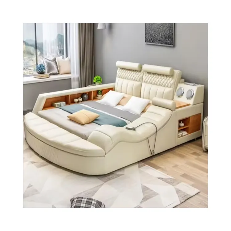 Роскошная современная мебель для спальни, Многофункциональная Кожаная ткань, массажные деревянные Свадебные кровати размера «King-Size»