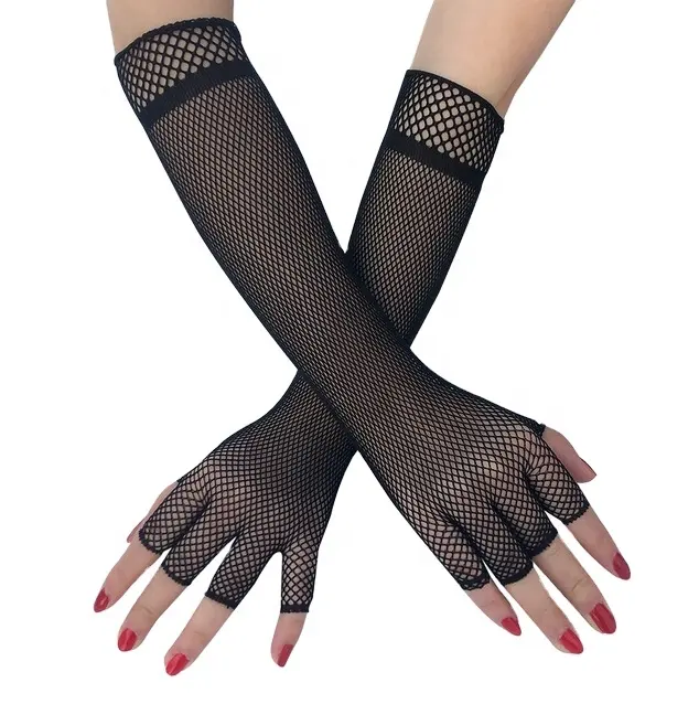 Ladies Disco Dance Costume Lace Gloves Fingerless Elastic Long Fishnet Mesh Gloves Black Pair
