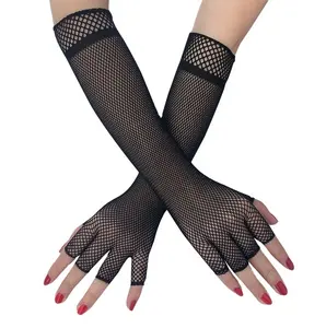 Bayanlar disko dans kostümü dantel eldiven parmaksız elastik uzun Fishnet örgü eldiven siyah çifti